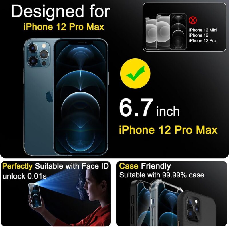 Ferilinso® 2 Pack Screen Protector for iPhone 12 Pro Max with 2 Pack Camera Lens Protector