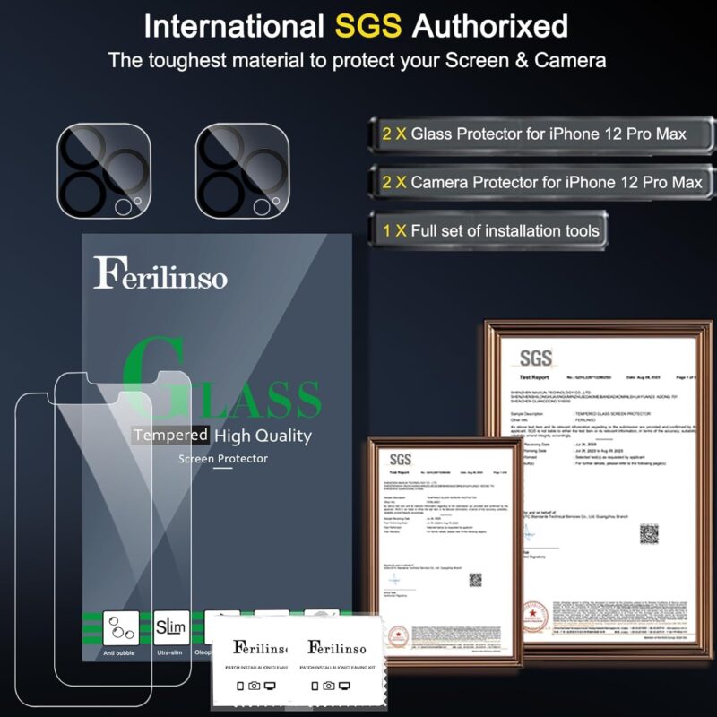 Ferilinso® 2 Pack Screen Protector for iPhone 12 Pro Max with 2 Pack Camera Lens Protector