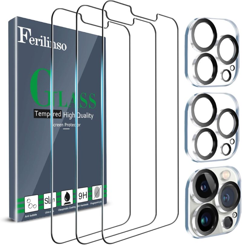 Ferilinso® 3 Pack Screen Protector for iPhone 13 Pro with 2 Pack Camera Lens Protector