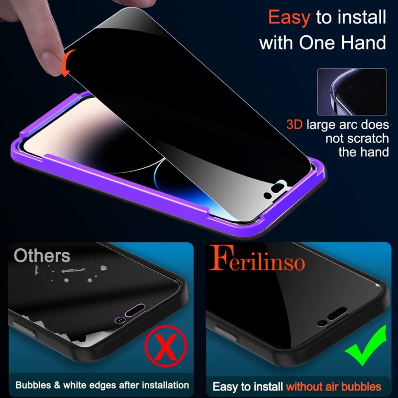 Ferilinso® [3+3 Pack] iPhone 14 Pro Privacy Screen Protector and Camera Lens Protector