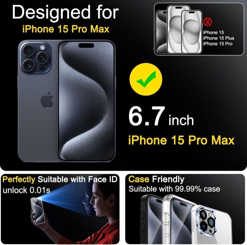 Ferilinso®4-Pack Screen Protector for iPhone 15 Pro Max with 4-Pack Camera Lens Protector