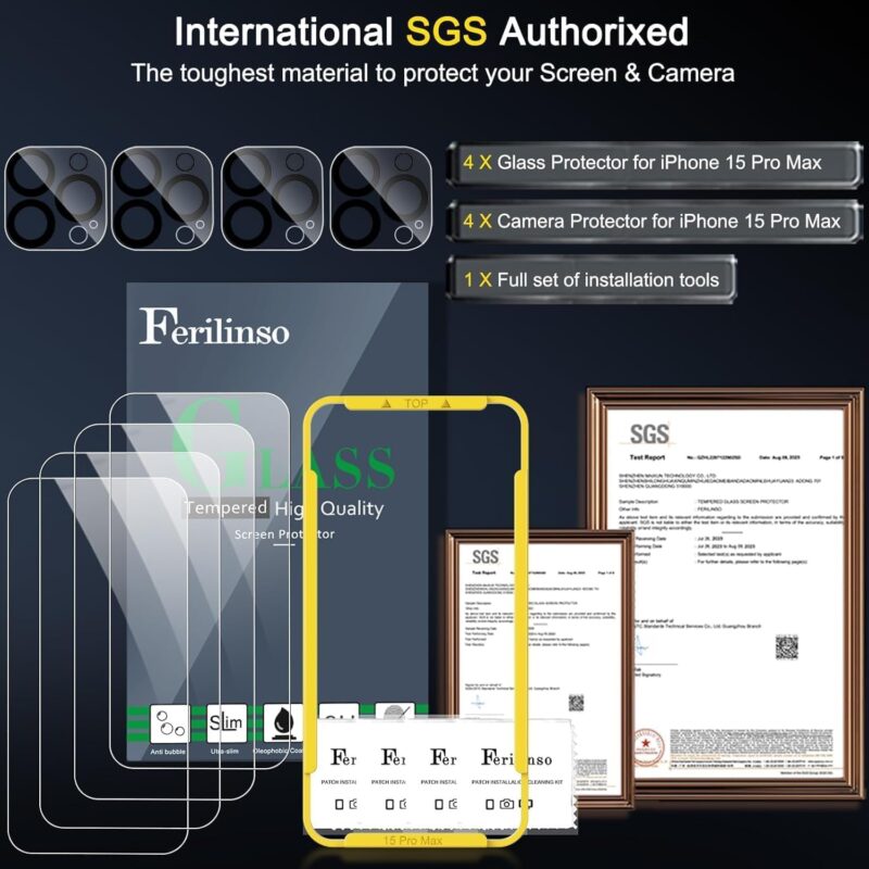Ferilinso®4-Pack Screen Protector for iPhone 15 Pro Max with 4-Pack Camera Lens Protector